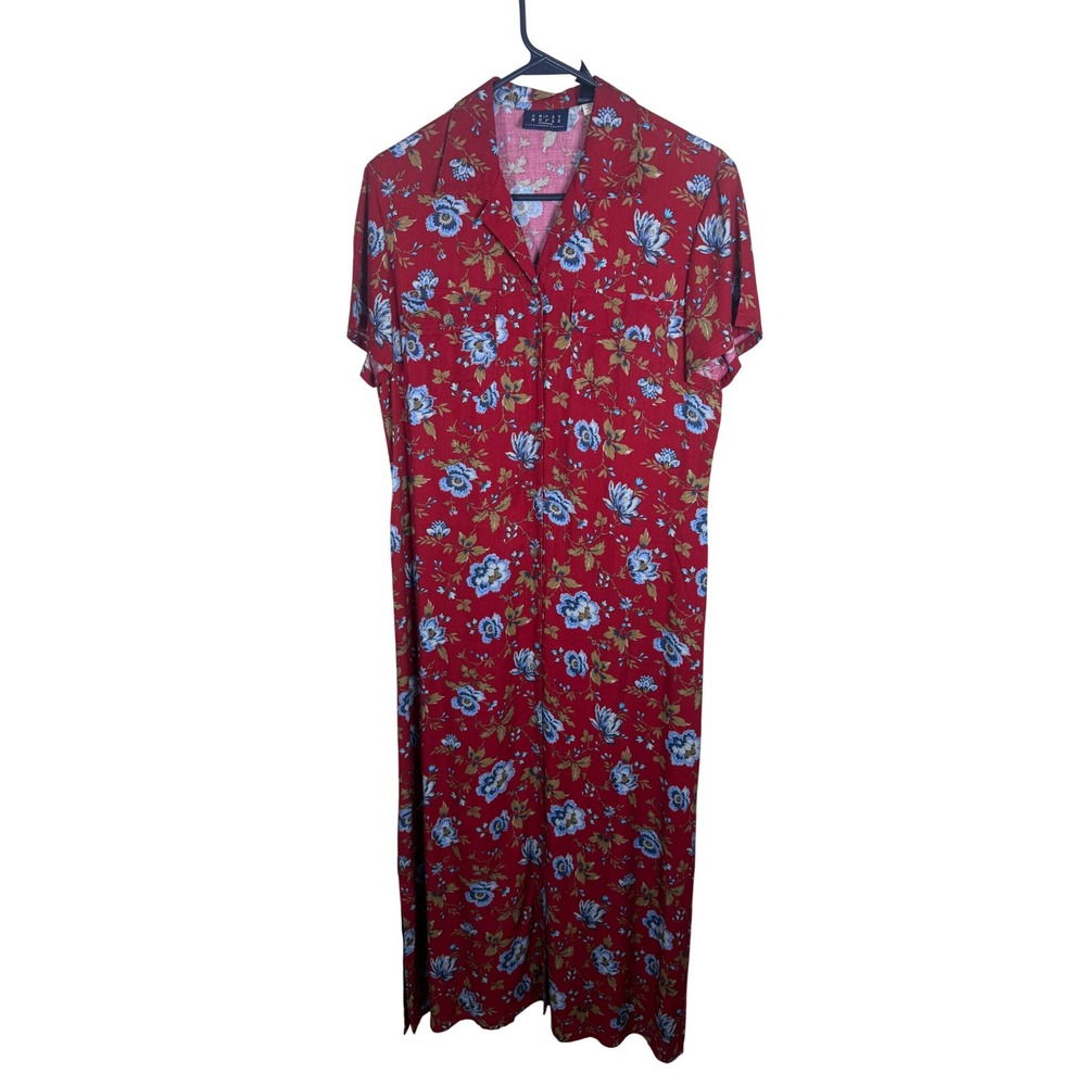 Crazy Horse Liz Claiborne Red Floral Button Front Rayon Maxi Dress Womens 8